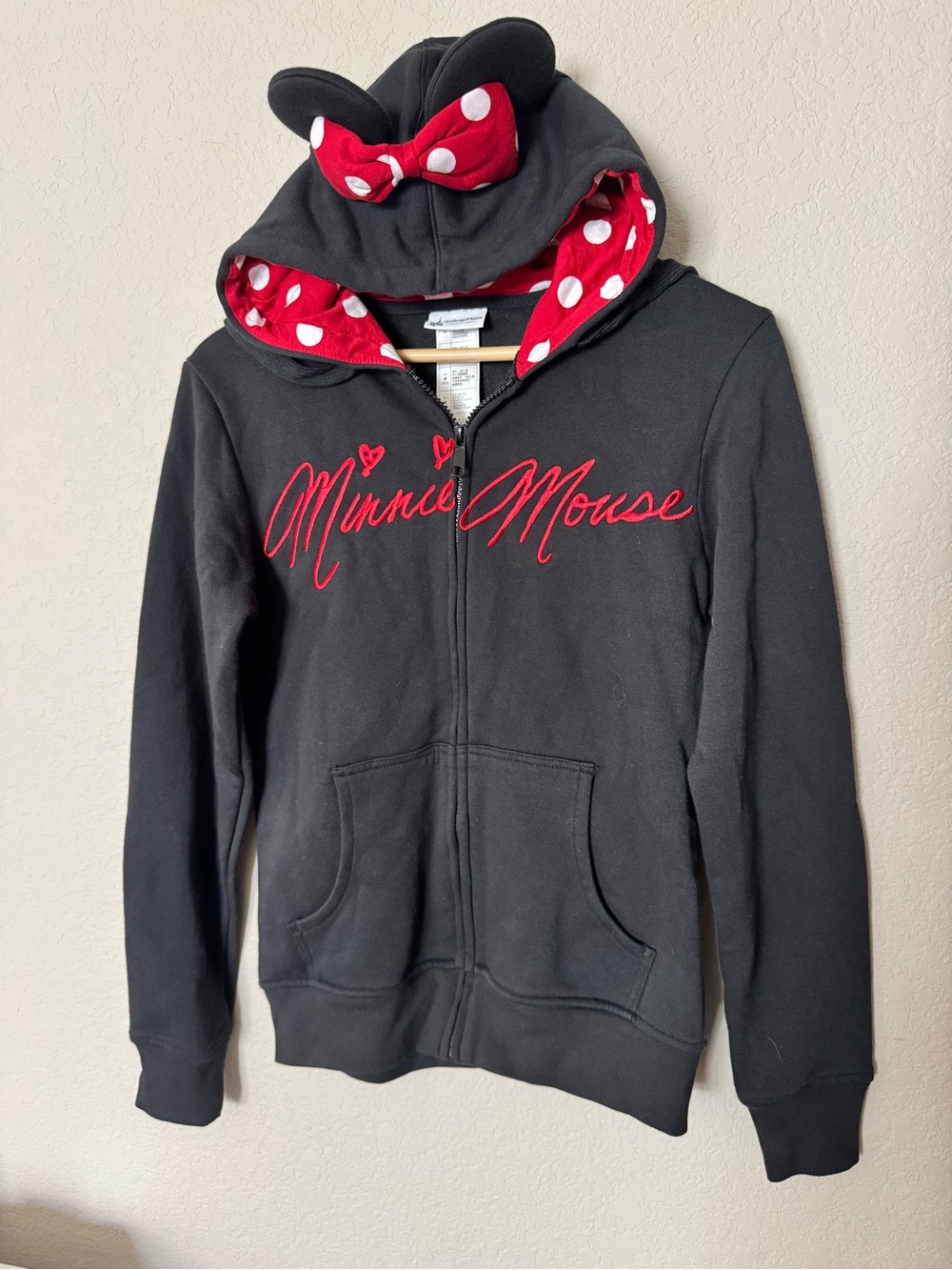 Disney Black Zip-Up Hoodie with Red Polka Dot Hood